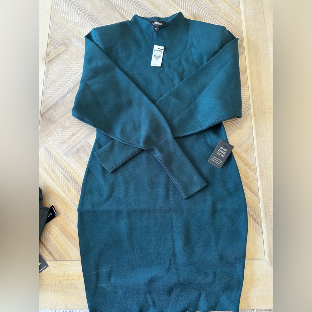 Express padded shoulder teal sweater dress